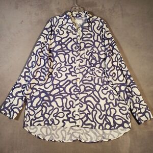 Every Tunic Top Womens XL Blue White Abstract Linen Blend Button Artsy Coastal
